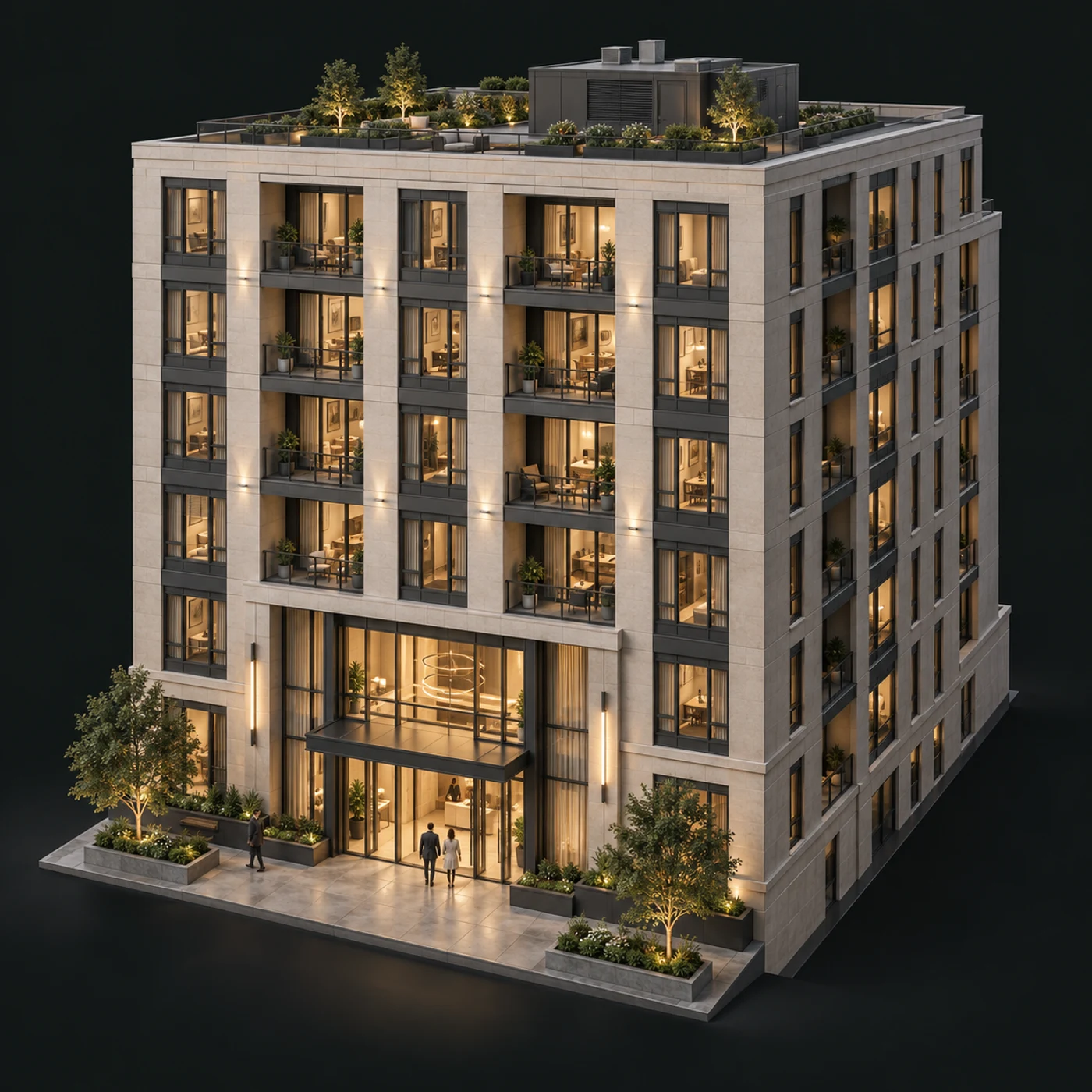 Architectural illustration of a midrise rental building with warm apartments, planted rooftop and residents at the entrance.